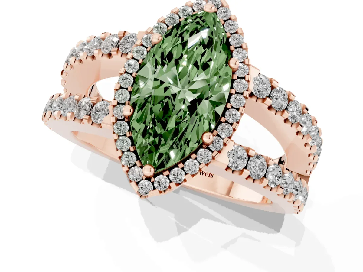 Fancy Green Marquise Cut Cut Halo Split Shank Diamond Ring with Four-Prong Setting Rose gold