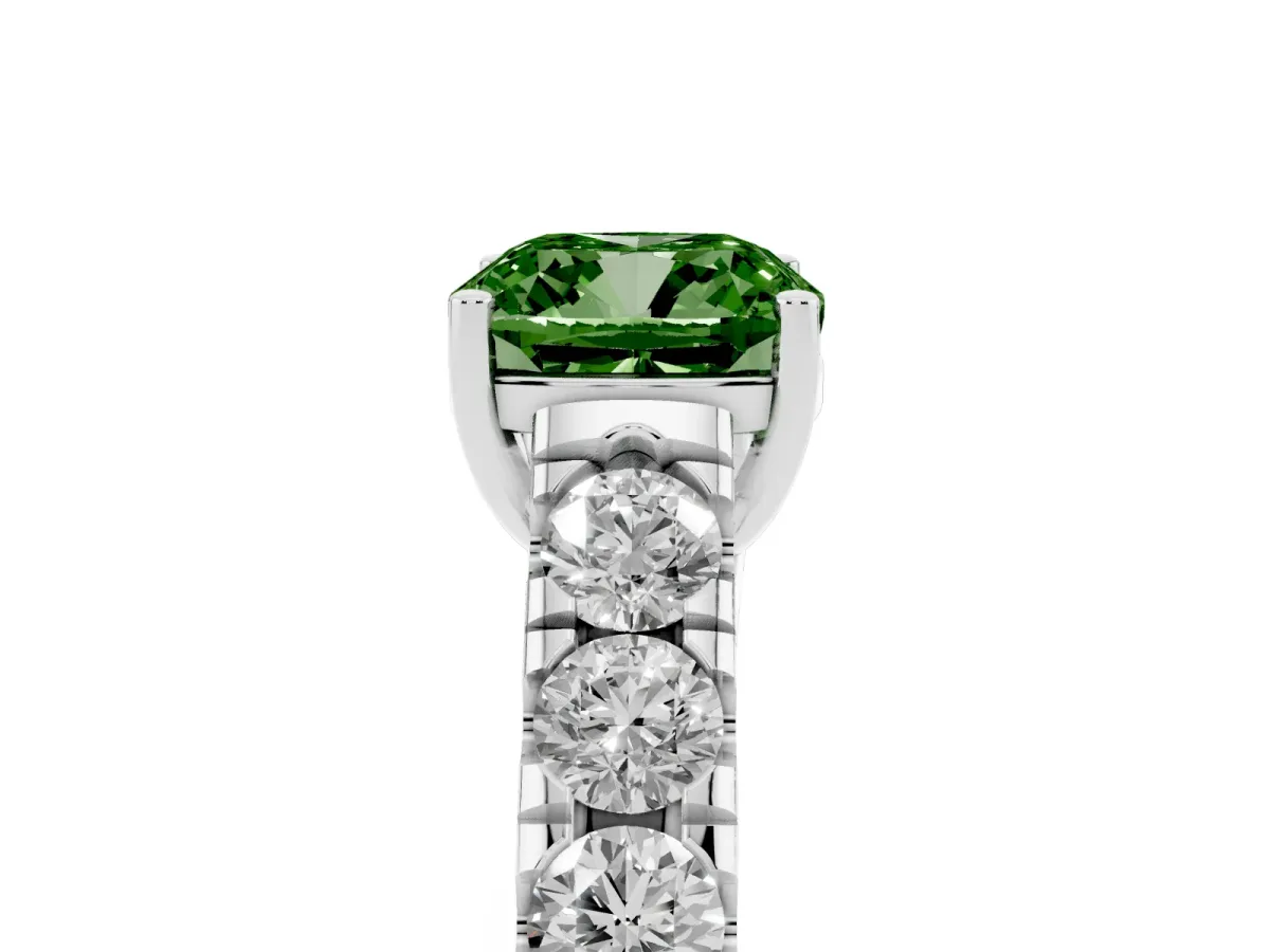 Fancy Green Cushion Cut Cut Diamond Solitaire Ring with Micro Pave Band and Prong Setting Silver