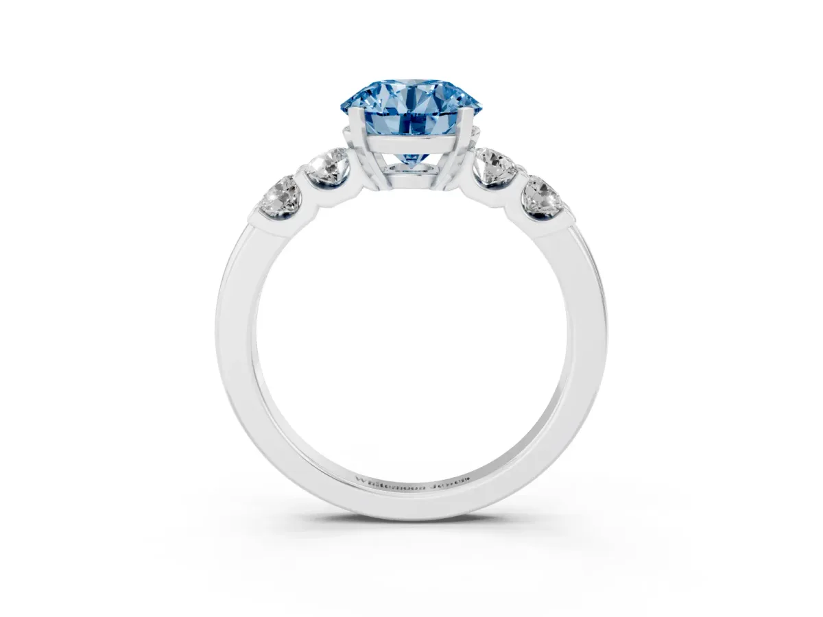 Fancy Blue Round Cut Brilliant Cut Diamond Five-Stone Prong Set Engagement Ring with Channel Band Silver