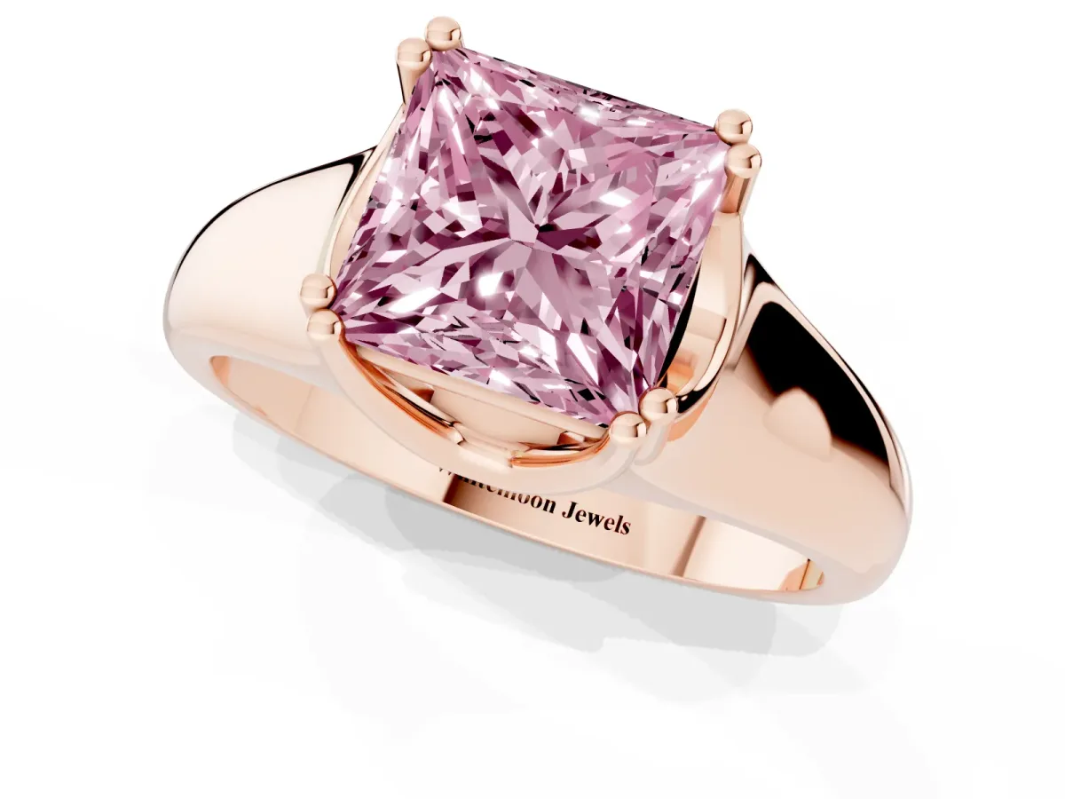 Fancy Pink Princess Cut Diamond Solitaire Ring with Wide Band and Prong Setting Rose gold
