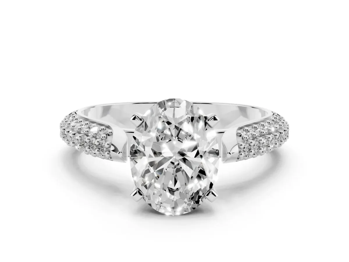 Oval Cut Diamond Solitaire Engagement Ring with Multi-Row Round Pavé Band and Prong Setting Silver