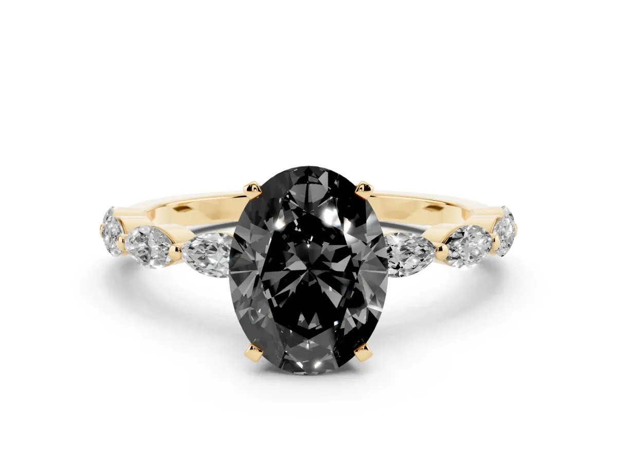 Fancy Black Oval Cut Diamond Ring with Marquise Side Stones and Prong Setting Yellow gold