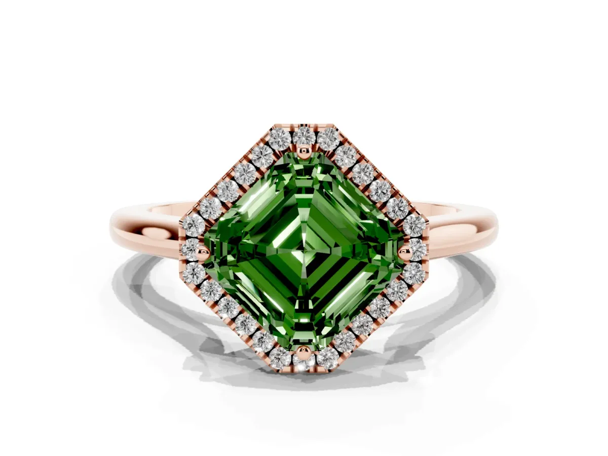 Fancy Green Asscher Cut Halo Round Diamond Solitaire Engagement Ring with Pave Band and Four-Prong Setting Rose gold