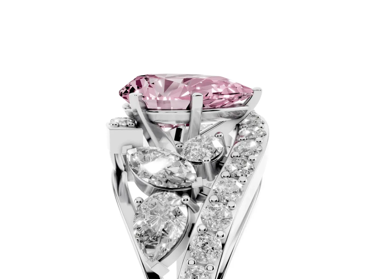 Fancy Pink Pear Cut Diamond Halo Ring with Marquise and Pavé Band in Prong Setting Platinum