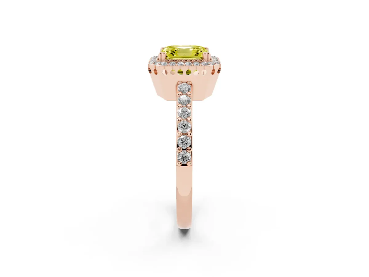 Fancy Yellow Asscher Cut Cut Diamond Halo Engagement Ring with Milgrain Detail and Pavé Band Rose gold