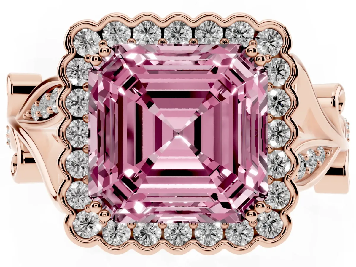Fancy Pink Asscher Cut Diamond Halo Ring with Vintage Split Shank and Four-Prong Setting Rose gold