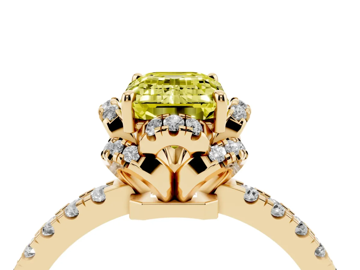 Fancy Yellow Emerald Cut Halo Diamond Pave Band Ring with Four-Prong Setting Yellow gold