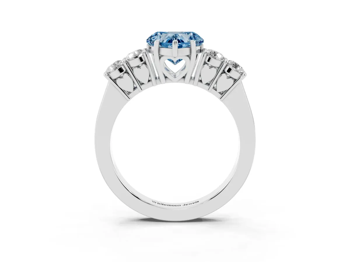 Fancy Blue Heart Cut Cut Diamond Five-Stone Prong Set White Gold Ring Platinum