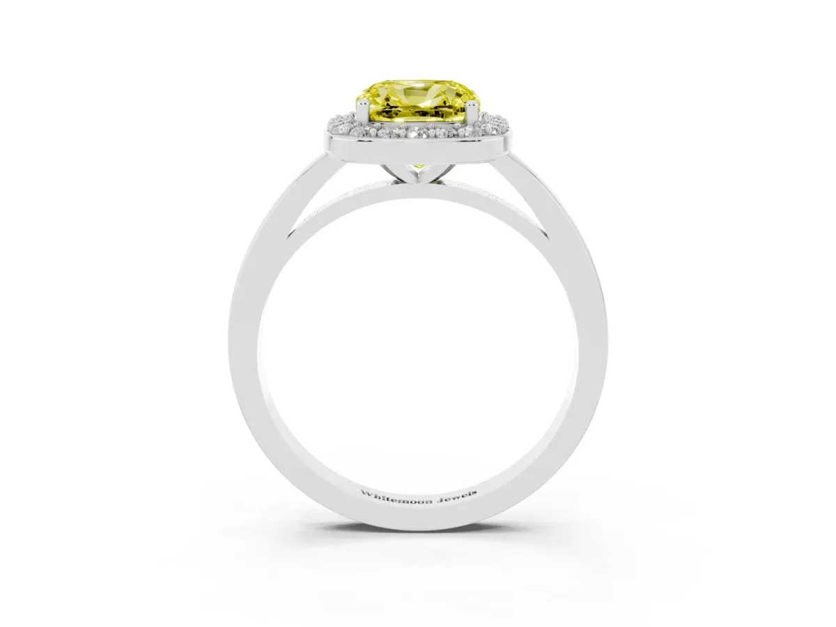 Fancy Yellow Cushion Cut Halo Diamond Ring with Solitaire Band and Prong Setting Platinum