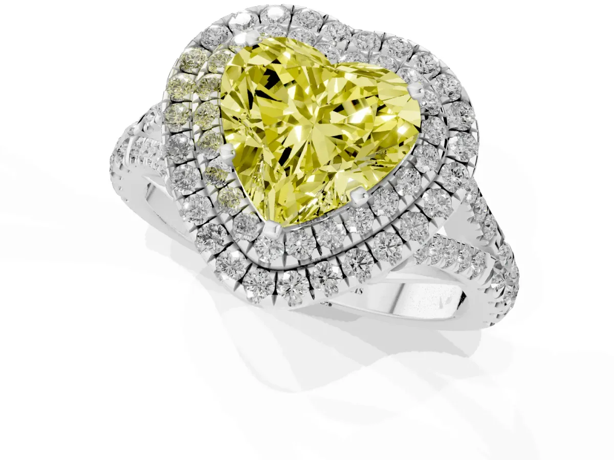 Fancy Yellow Heart Cut Cut Double Halo Split Shank Diamond Ring with Prong Setting Silver