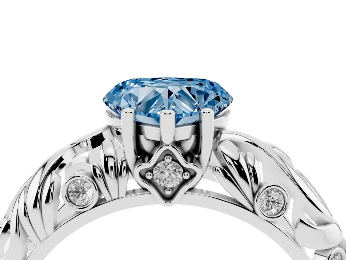 Fancy Blue Heart Cut Solitaire Diamond Leaf-Inspired Vine Band Ring with Prong Setting White gold