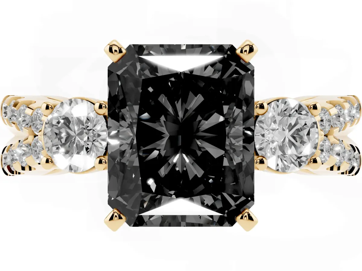 Fancy Black Radiant Cut Diamond Three-Stone Ring with Pavé Split Shank and Four-Prong Setting Yellow gold
