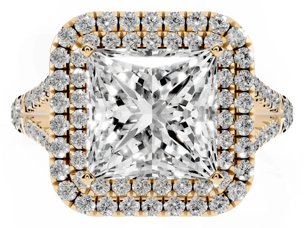 Princess Cut Diamond Double Halo Ring with Split Shank and Prong Setting Yellow gold