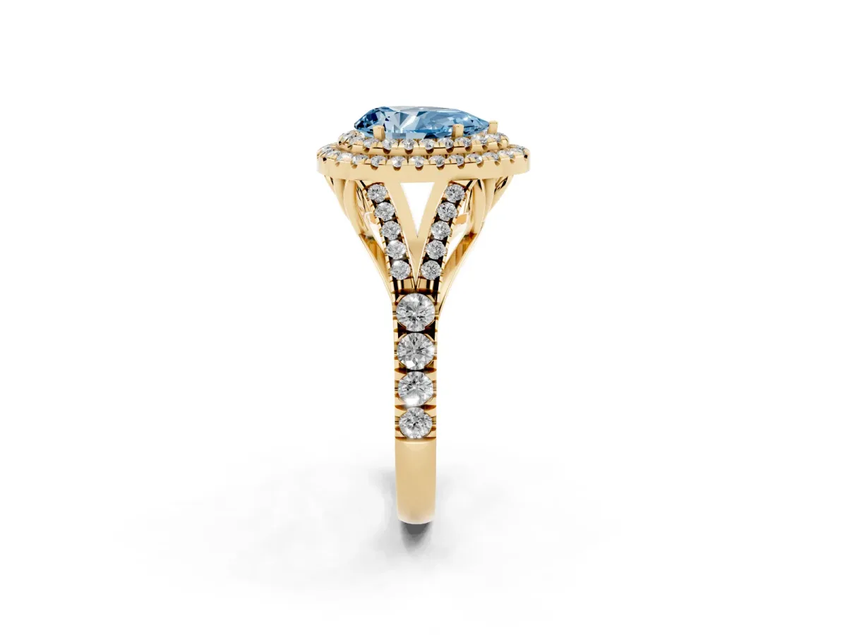 Fancy Blue Double Halo Pear Cut Diamond Split Shank Engagement Ring with Four-Prong Setting Yellow gold