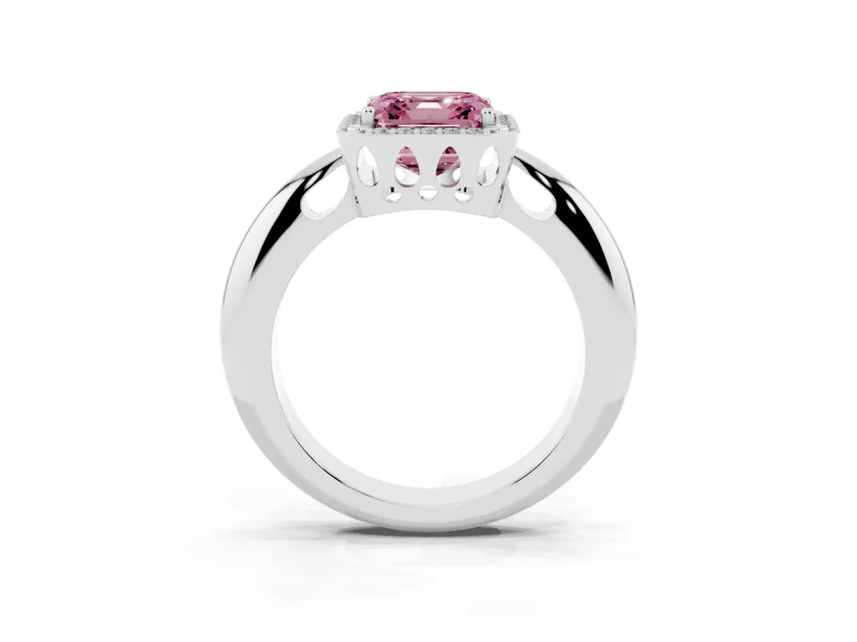 Fancy Pink Asscher Cut Cut Diamond Halo Engagement Ring with Split Shank and Four-Prong Setting Silver