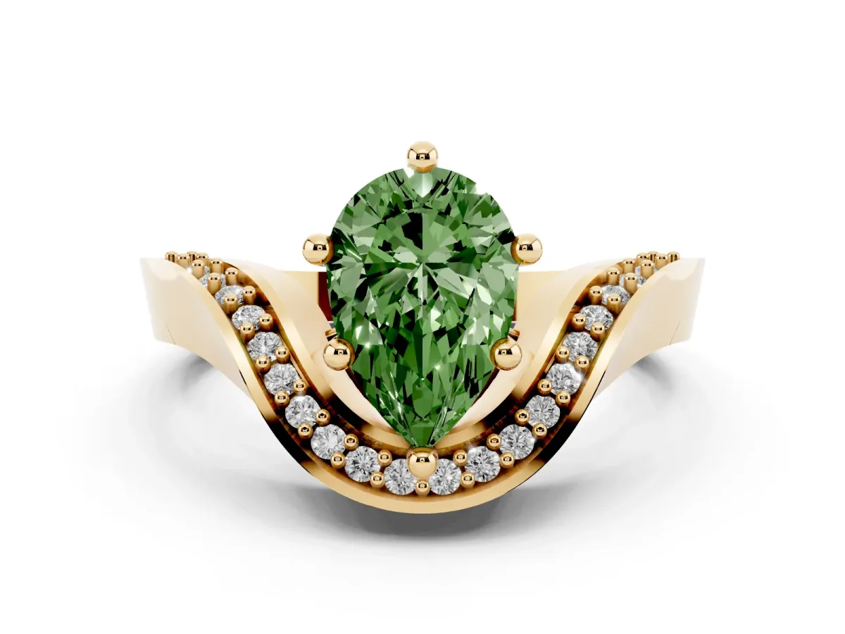 Fancy Green Pear Cut Solitaire Diamond Engagement Ring with Pave Band and Four-Prong Setting Yellow gold