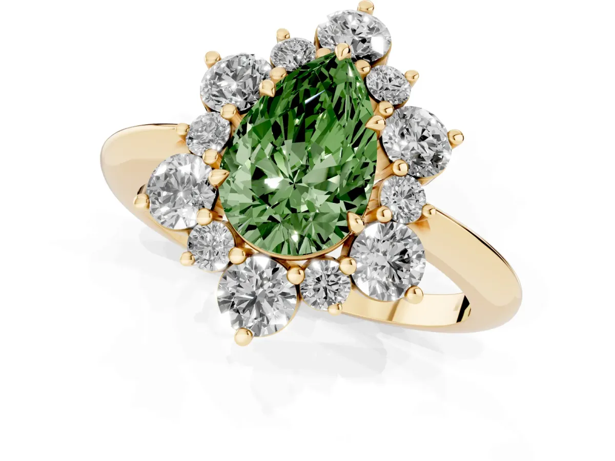 Fancy Green Pear Cut Diamond Cluster Halo Ring with Solitaire Band and Four-Prong Setting Yellow gold
