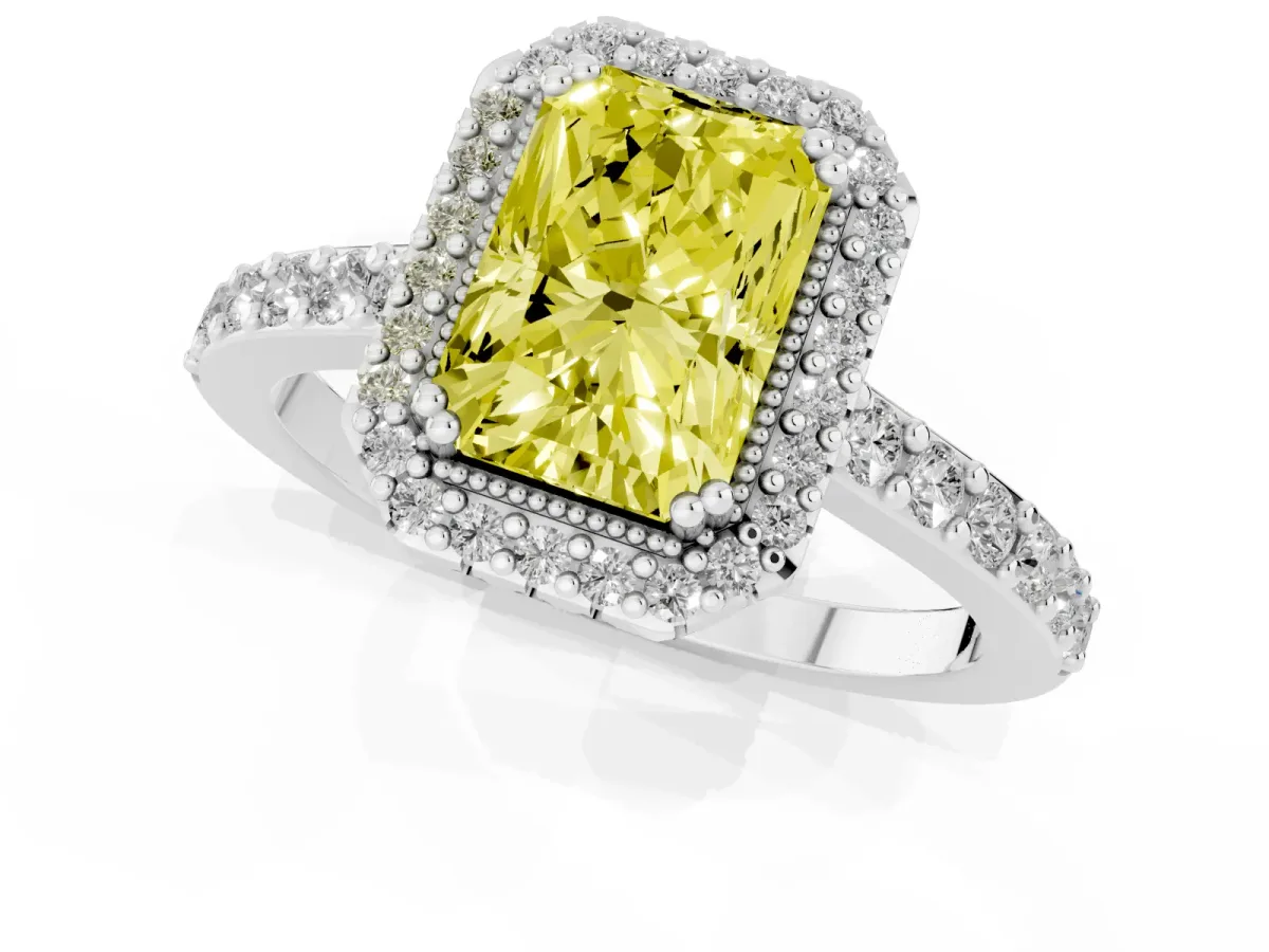 Fancy Yellow Radiant Cut Cut Diamond Halo Engagement Ring with Milgrain Detail and Pavé Band Silver