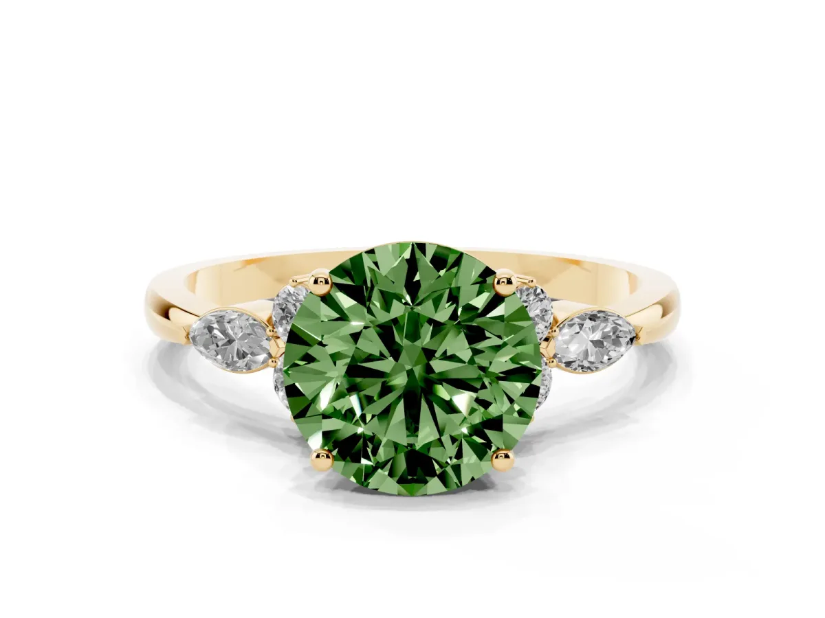 Fancy Green Round Cut Brilliant Diamond Solitaire Ring with Pear Side Stones and Four-Prong Setting Yellow gold