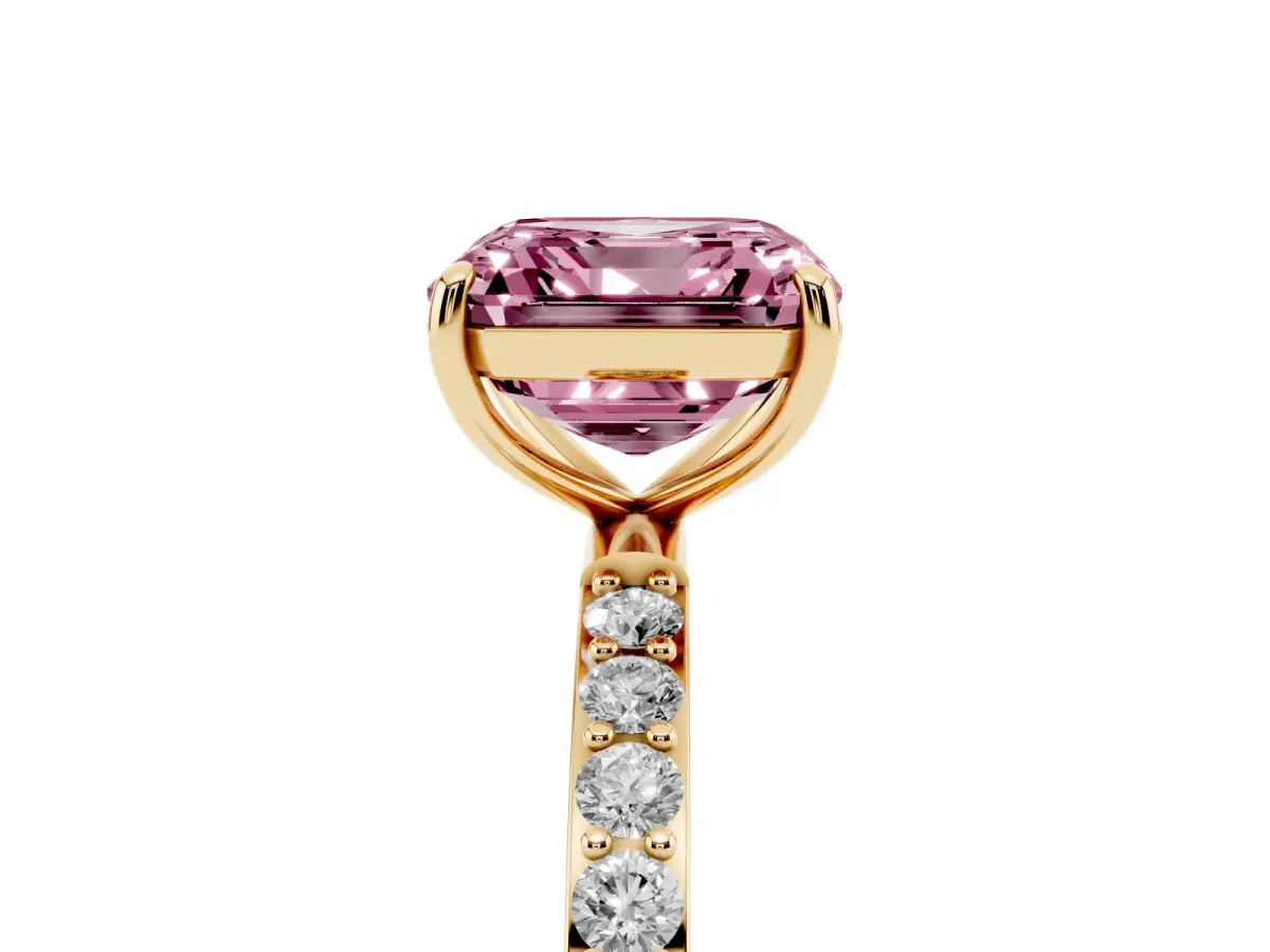 Fancy Pink Asscher Cut Diamond Solitaire Ring with Round Pavé Shoulders and Prong Setting Yellow gold