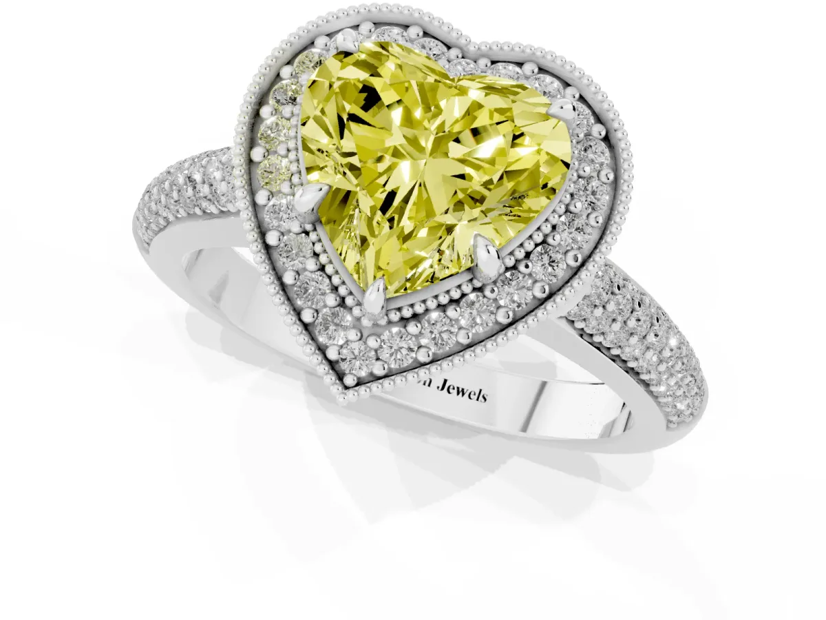Fancy Yellow Heart Cut Cut Halo Diamond Pave Band with Four-Prong Setting Platinum