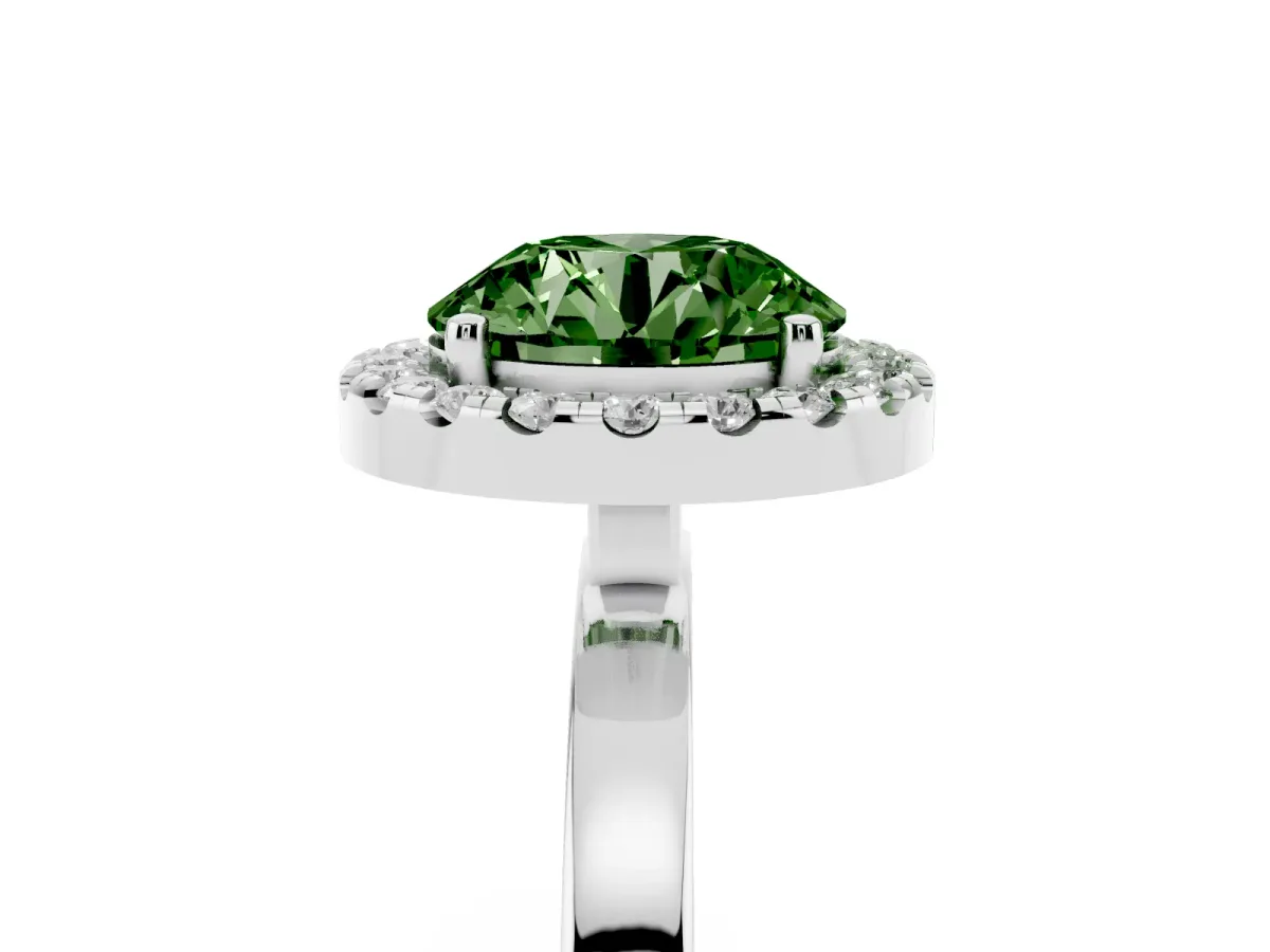 Fancy Green Round Cut Halo Diamond Solitaire with Pavé Band and Four-Prong Setting White gold