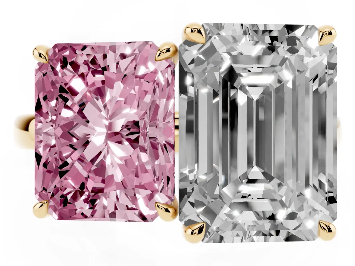 Fancy Pink Radiant Cut and Emerald Cut Toi Moi Ring with Prong Setting Yellow gold