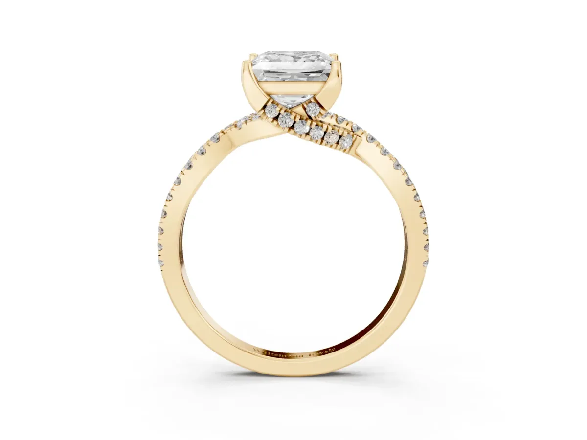 Princess Cut Solitaire Twist Pave Diamond Engagement Ring with Prong Setting Yellow gold