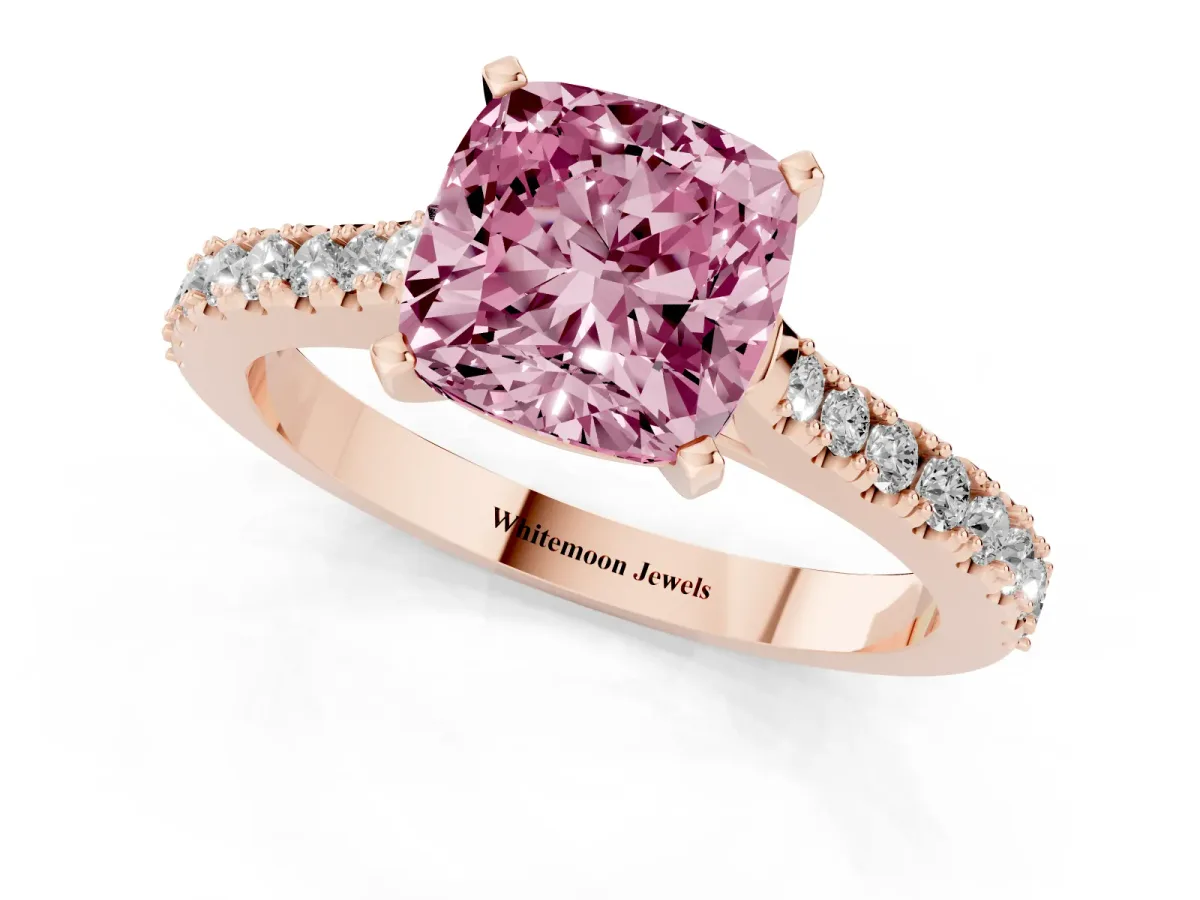 Fancy Pink Cushion Cut Cut Solitaire Diamond Engagement Ring with Pave Band and Four-Prong Setting Rose gold