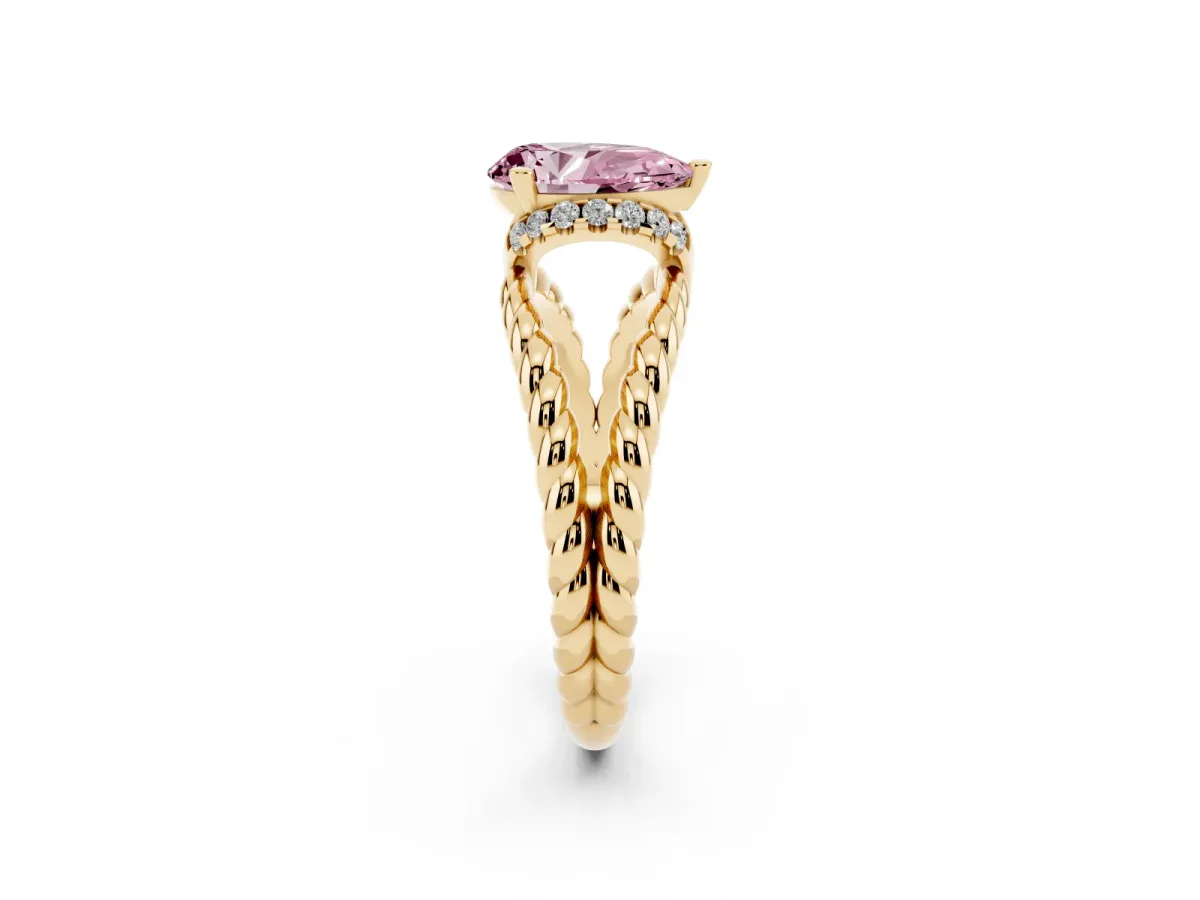 Fancy Pink Pear Cut Halo Twisted Band Four-Prong Ring Yellow gold