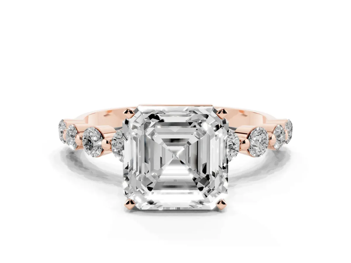 Asscher Cut Solitaire Diamond Ring with Pave Band and Four-Prong Setting Rose gold