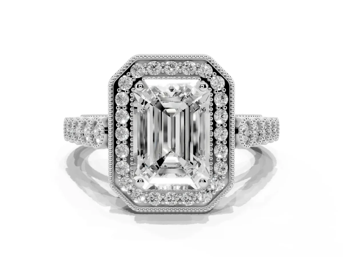 Emerald Cut Halo Milgrain Solitaire with Bezel Set Side Stones and Pave Band White gold