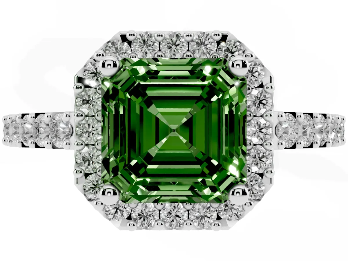 Fancy Green Asscher Cut Halo Diamond Pavé Solitaire Ring Silver