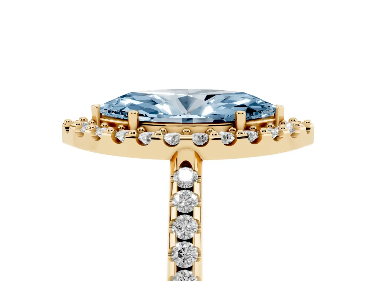 Fancy Blue Marquise Cut Diamond Pavé Halo Ring with Four-Prong Setting Yellow gold