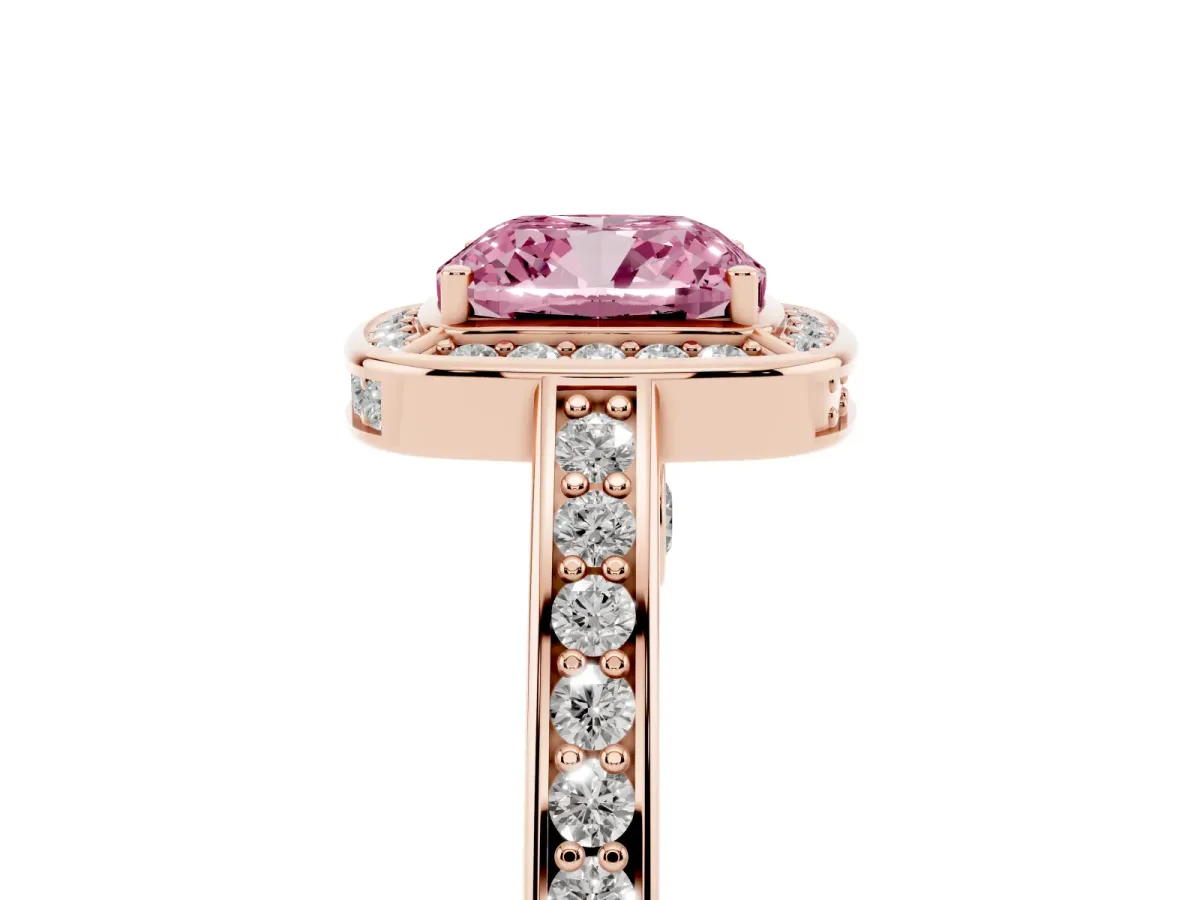 Fancy Pink Cushion Cut Cut Halo Pave Split Shank Prong Setting Ring Rose gold