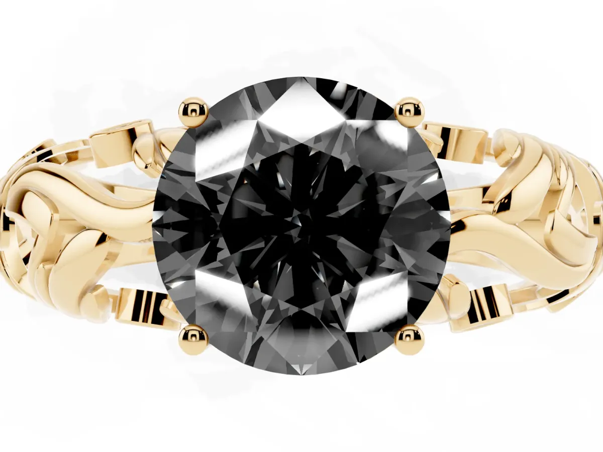 Fancy Black Round Cut Solitaire Diamond Leaf-Inspired Vine Band Ring with Prong Setting Yellow gold