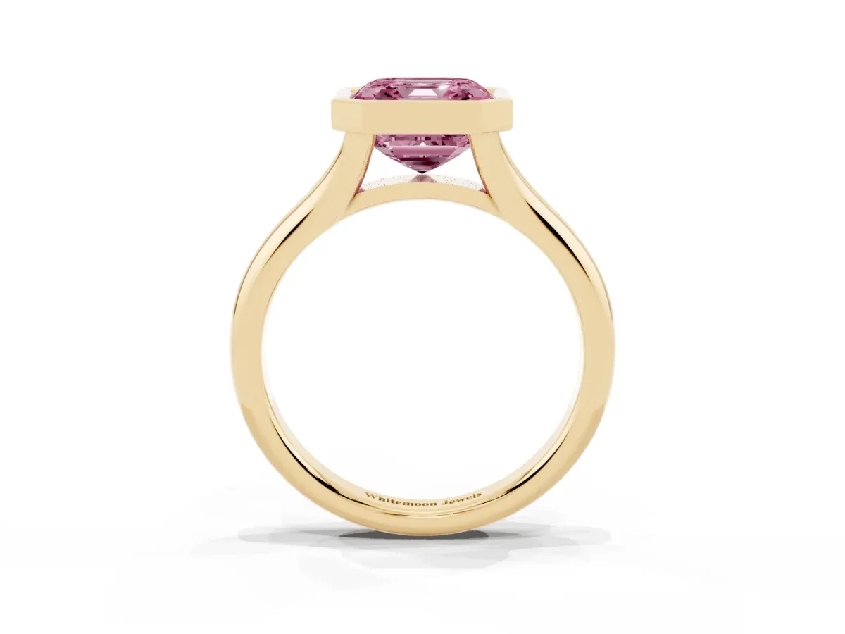 Fancy Pink Bezel Set Asscher Cut Solitaire Diamond Ring with Smooth Band Yellow gold