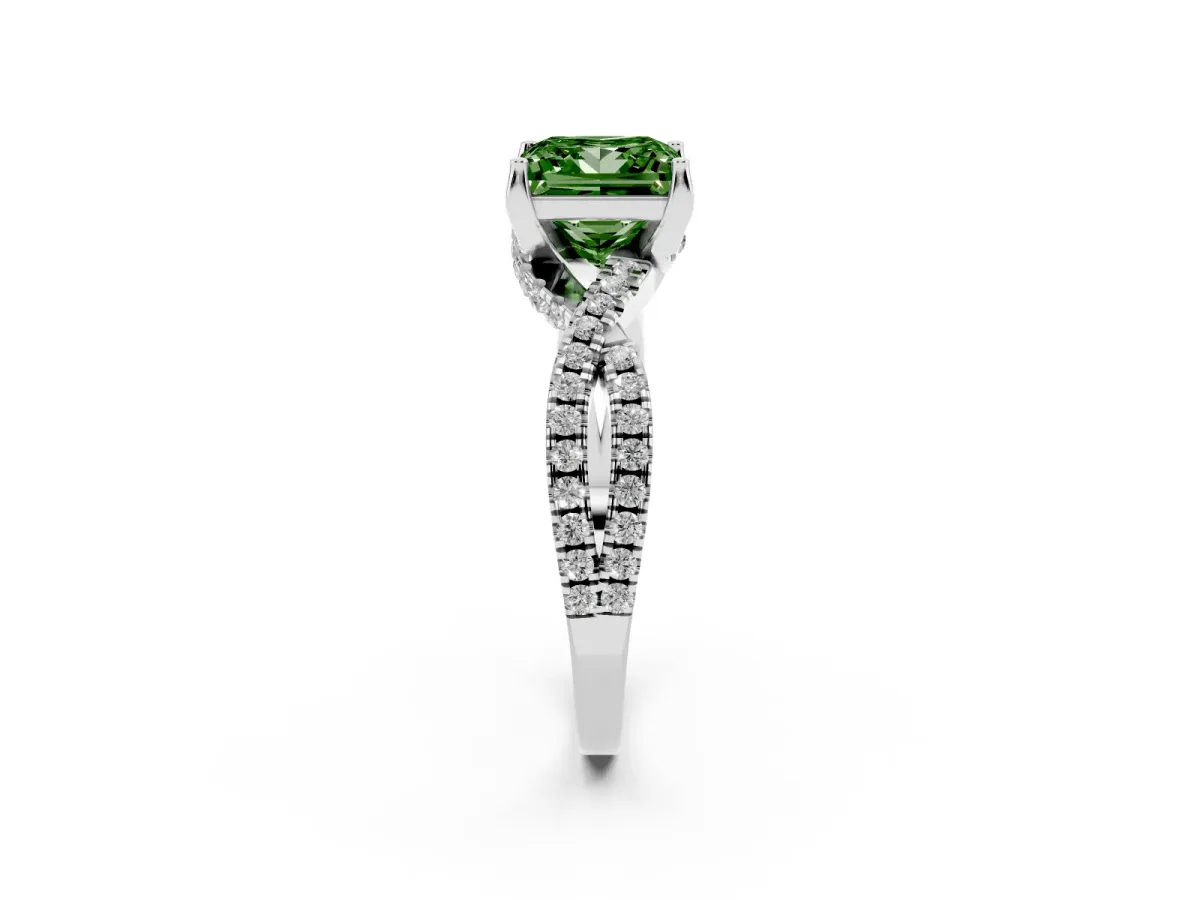 Fancy Green Princess Cut Solitaire Twist Pave Diamond Engagement Ring with Prong Setting Silver