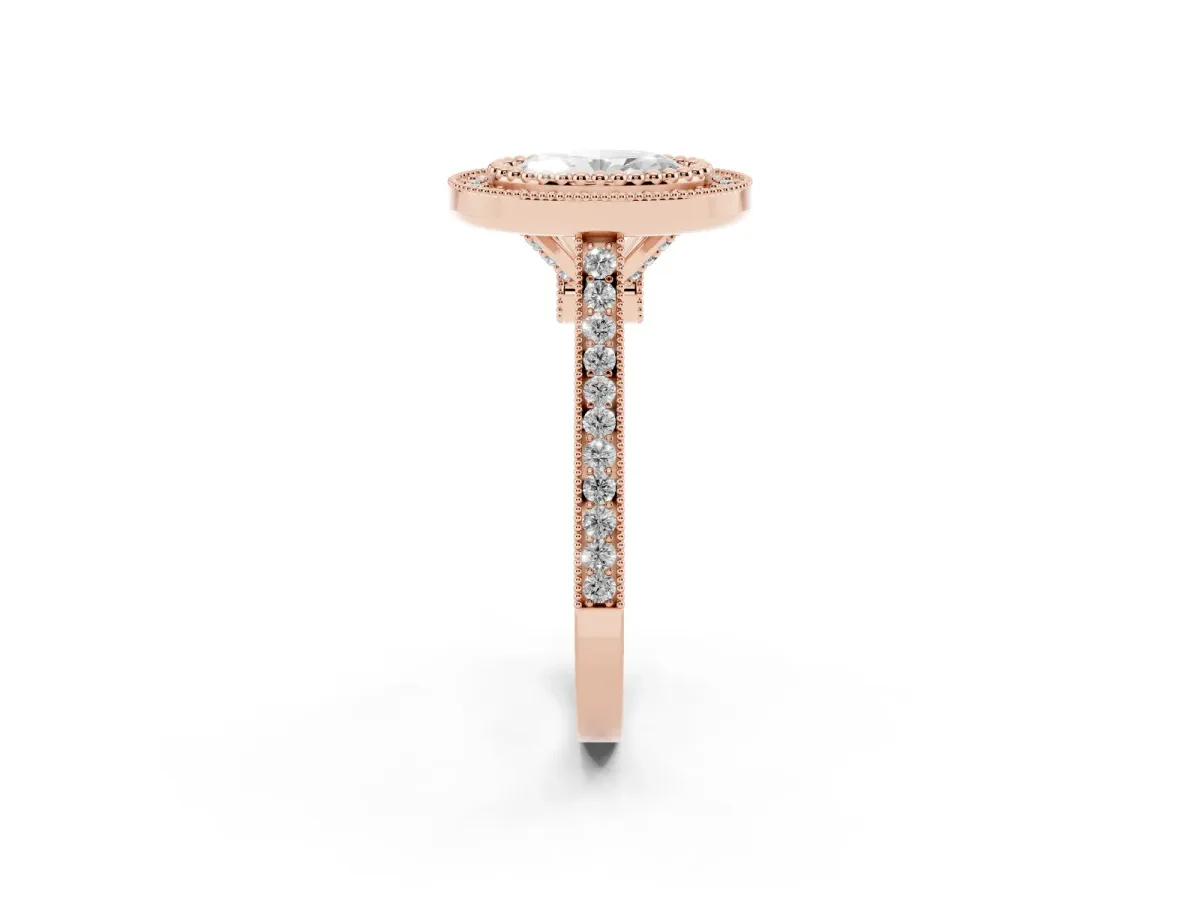 Oval Cut Diamond Halo Ring with Milgrain Frame and Pavé Band Rose gold