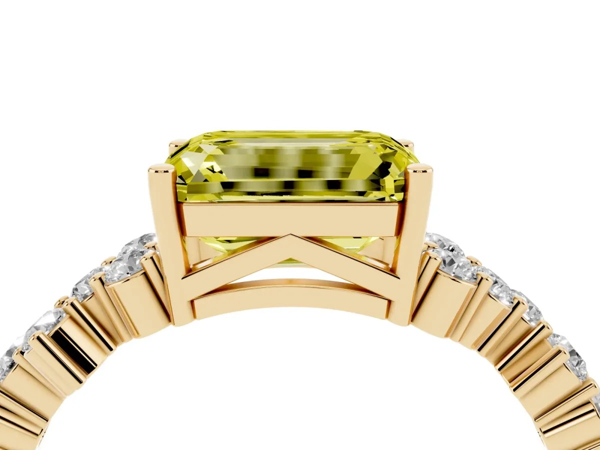 Fancy Yellow Emerald Cut Diamond Scattered Round Accent Ring with Prong Setting Yellow gold