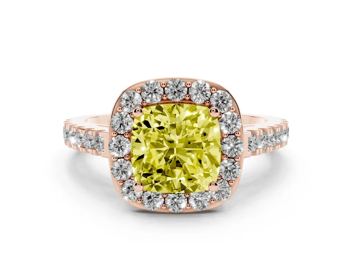 Fancy Yellow Cushion Cut Diamond Halo Ring with Round Pavé Split Shank and Prong Setting Rose gold