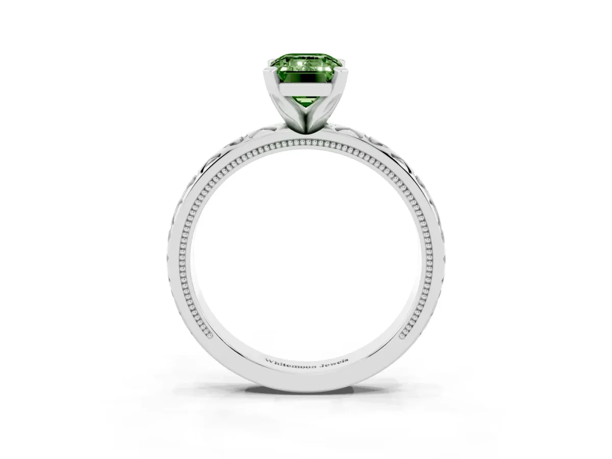 Fancy Green Emerald Cut Solitaire Diamond Engagement Ring with XO Engraved Band and Four-Prong Setting Platinum