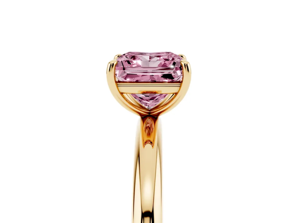 Fancy Pink Princess Cut Solitaire Diamond Ring with Four-Prong Setting on a Plain Band Yellow gold