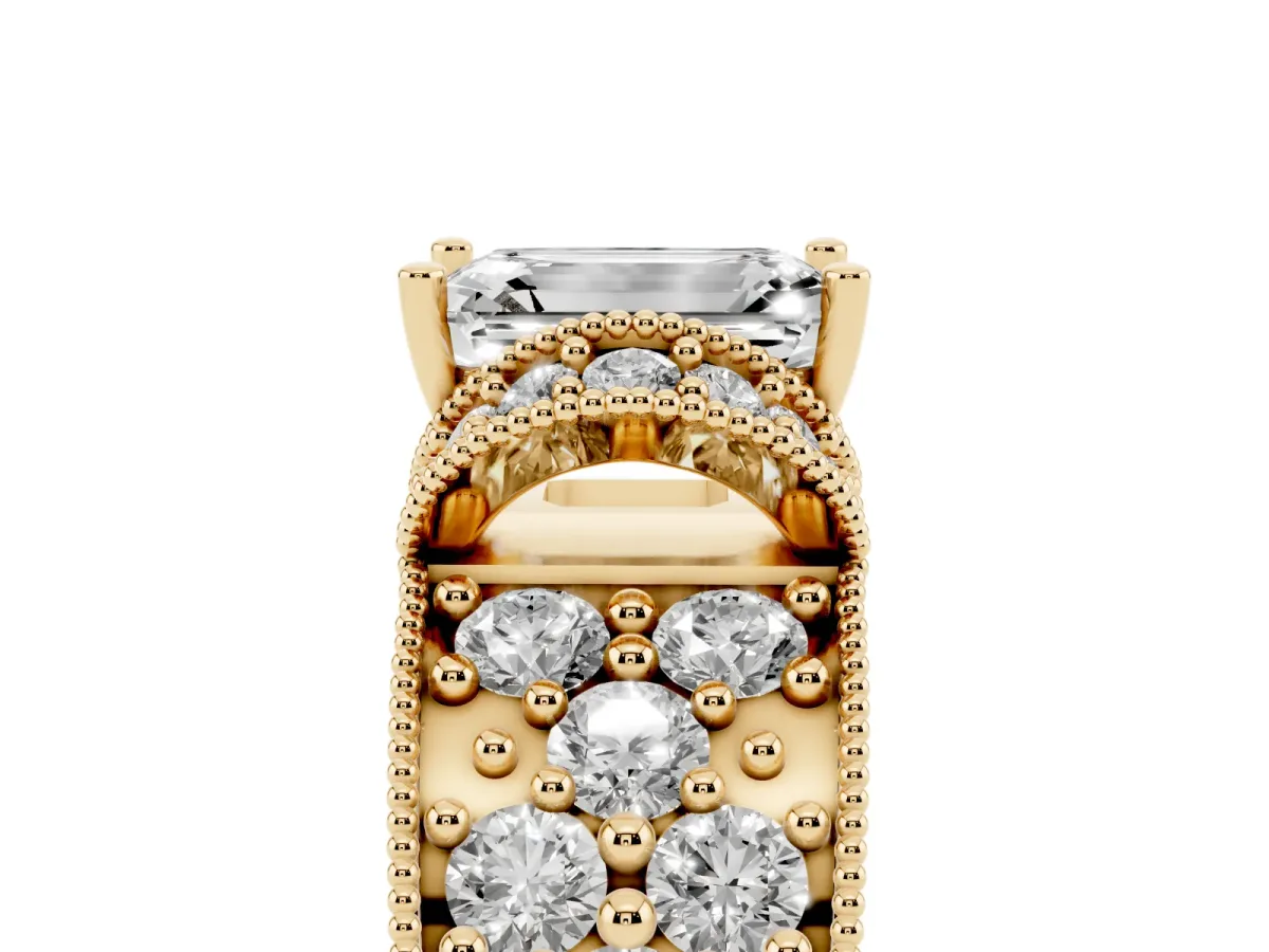 Emerald Cut Halo Pave Diamond Engagement Ring with Milgrain Detailing Yellow gold