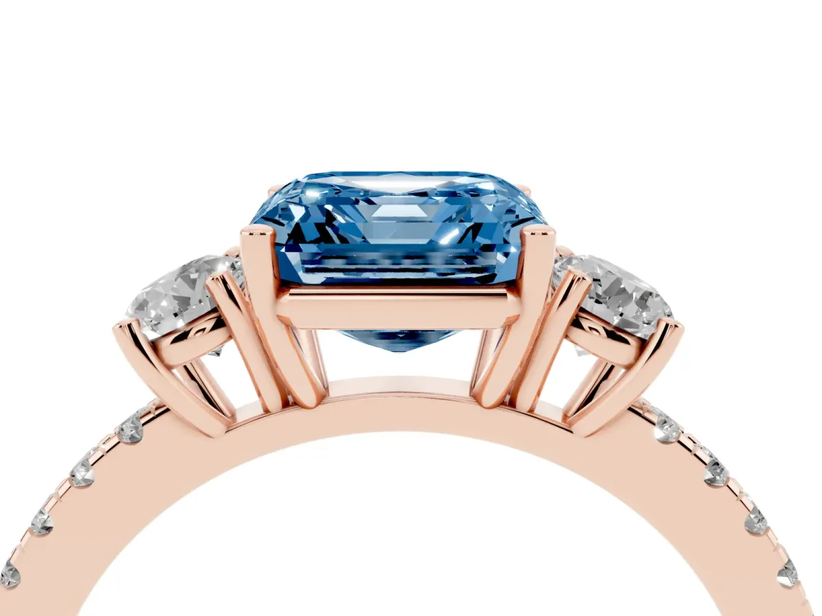 Fancy Blue Three-Stone Asscher Cut Cut Diamond Pavé Band with Prong Setting Rose gold