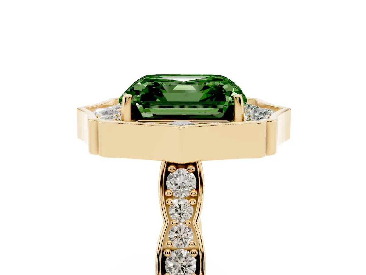 Fancy Green Asscher Cut Halo Diamond Engagement Ring with Milgrain Band and Four-Prong Setting Yellow gold