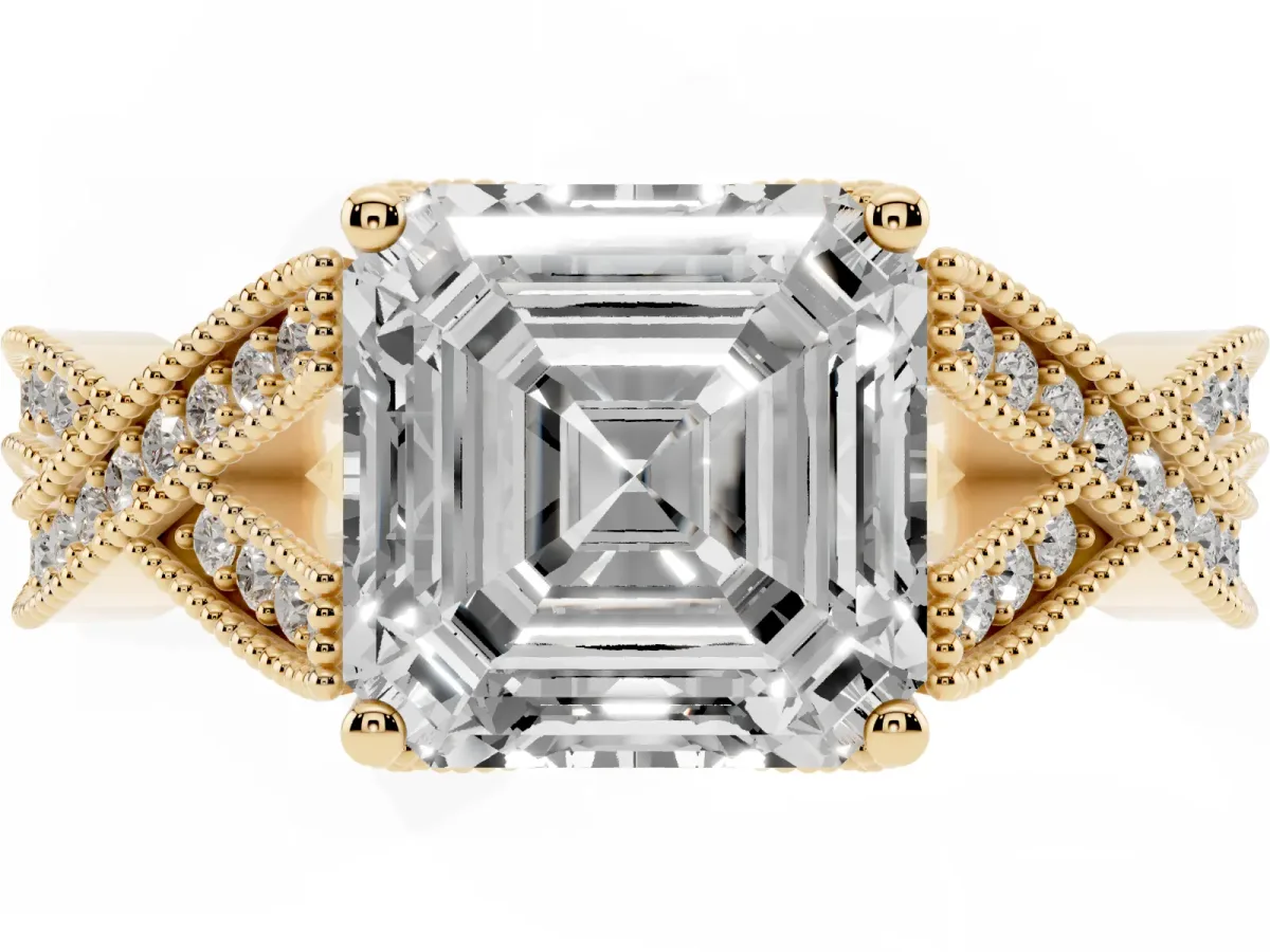 Asscher Cut Cut Diamond Twisted Band with Milgrain Pave Setting and Four-Prong Setting Yellow gold