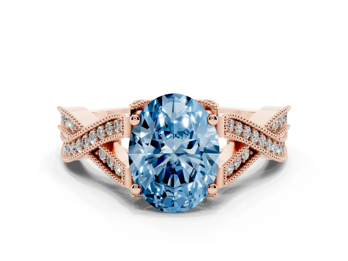 Fancy Blue Oval Cut Cut Diamond Twisted Band with Milgrain Pave Setting and Four-Prong Setting Rose gold