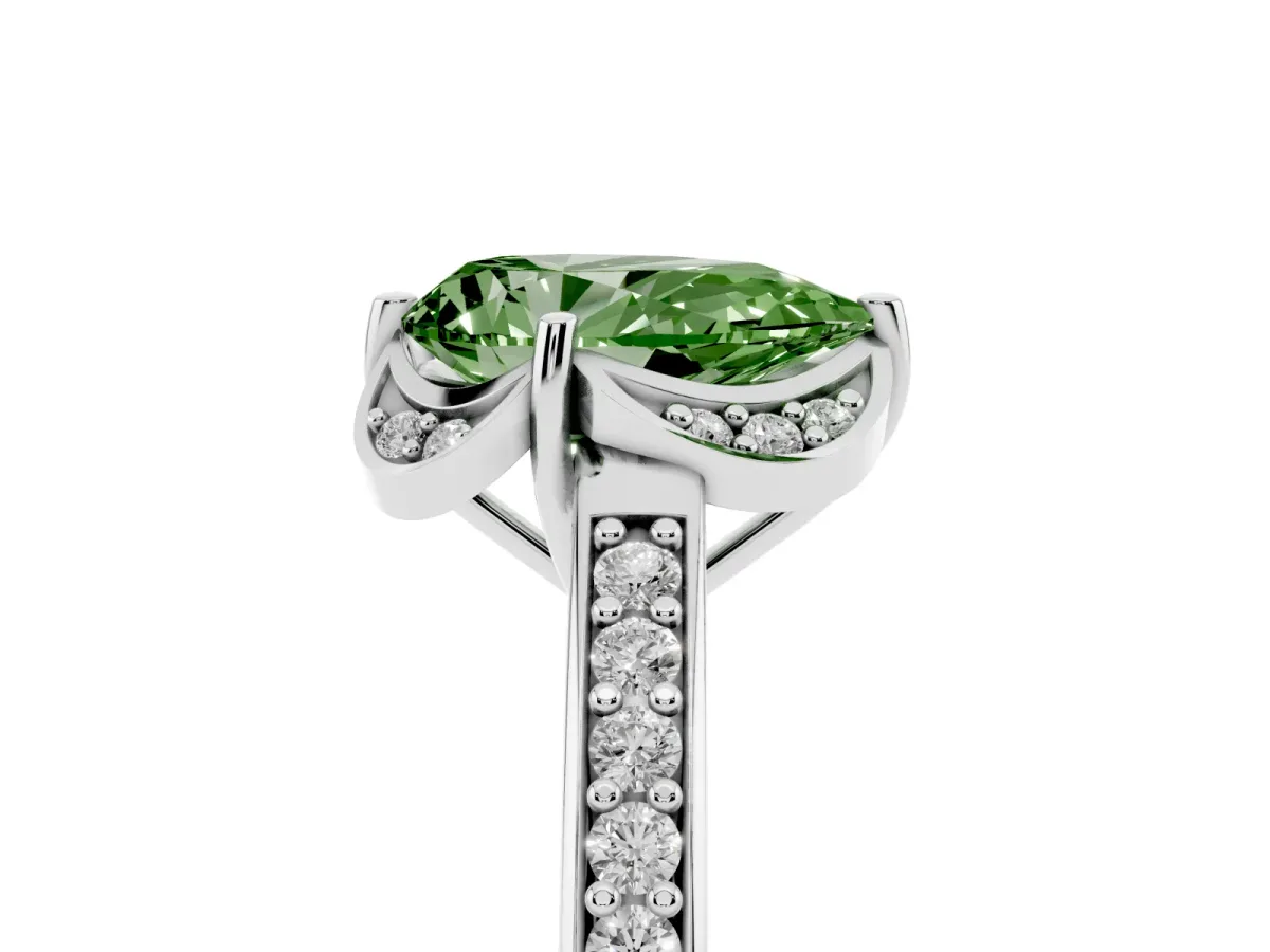 Fancy Green Pear Cut Cut Halo Diamond Ring with Channel Set Band and Four-Prong Setting Platinum