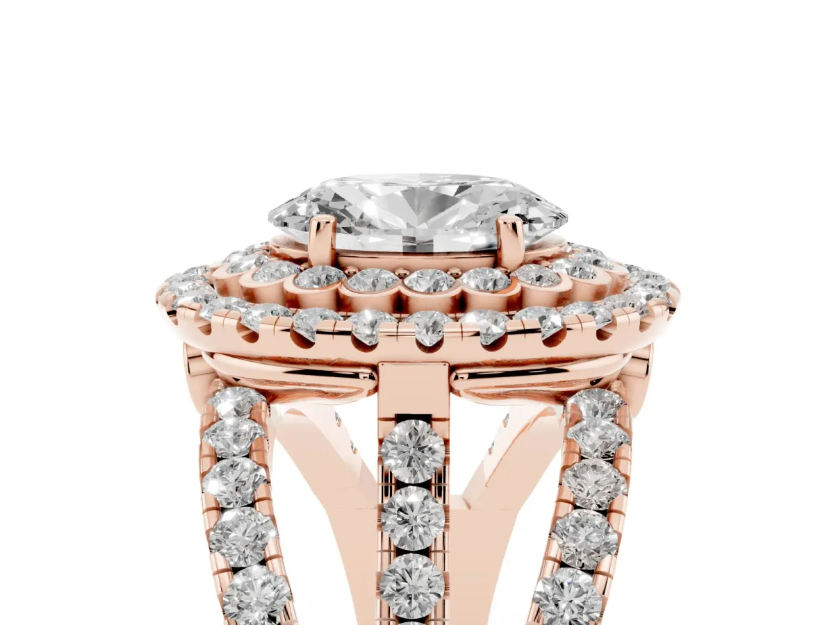Oval Cut Diamond Double Halo Ring with Round Pavé Split Shank and Prong Setting Rose gold